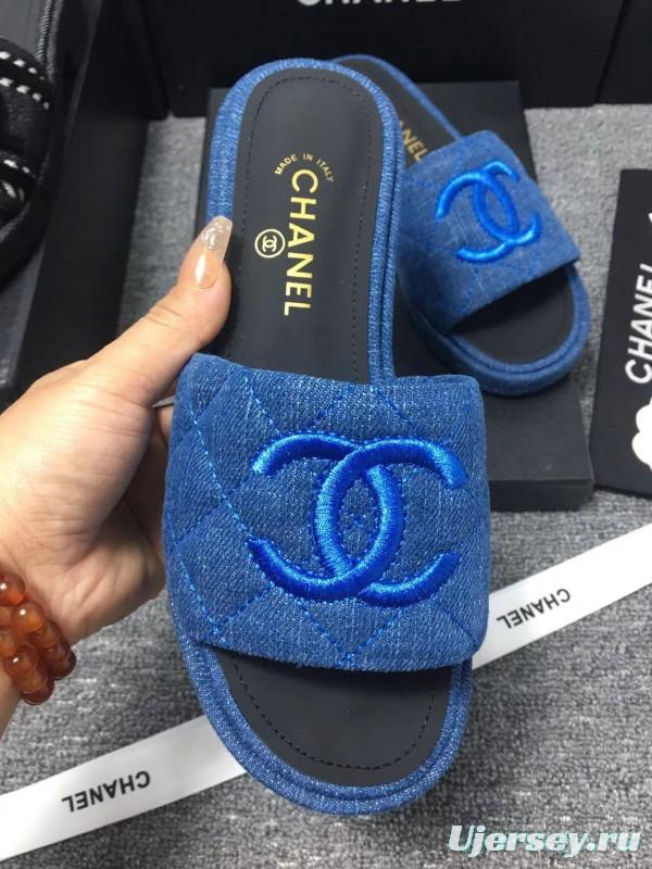 2025 Women Chanel Blue Fabric Slippers LY00000