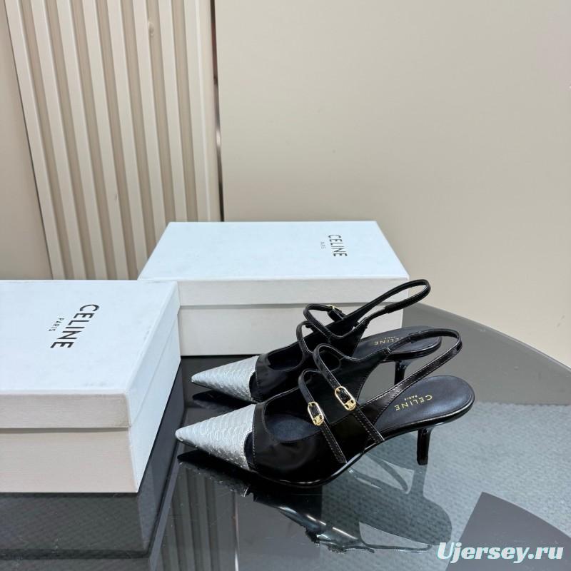 2025 Women Celine Black White Leather Pointed Toe Kitten Heel KFY00310