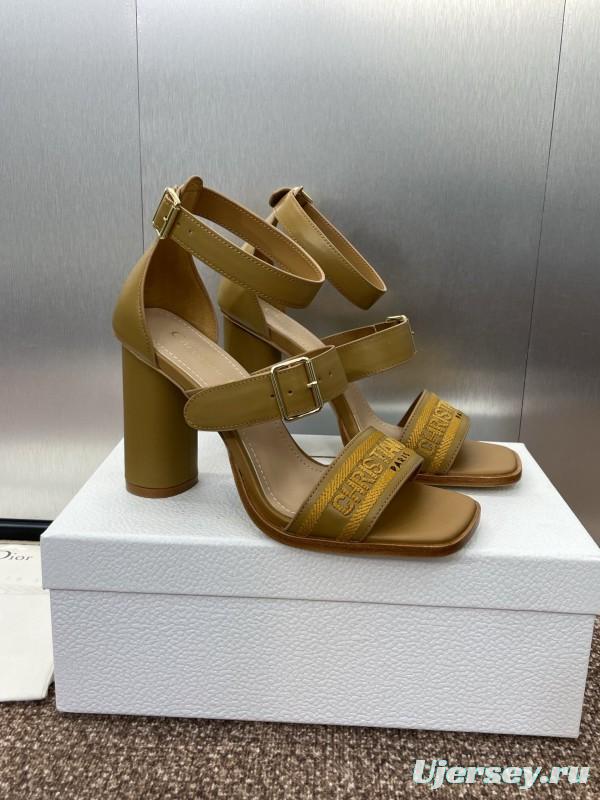 2025 Women Dior Yellow Leather Embroidered High Heel Sandals