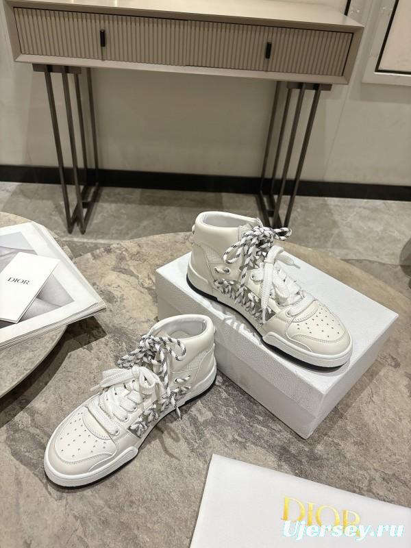 2025 Women Dior White Leather Mesh High-top Sneakers