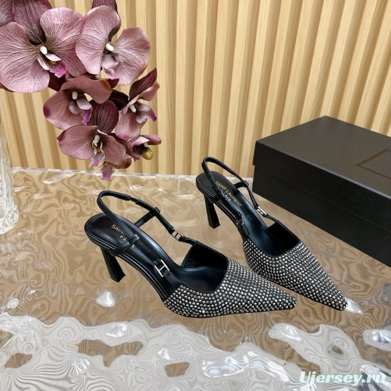 2024 Women Yves Saint Laurent Black Silk Slingback Pumps Crystal Embellishment MJ00320