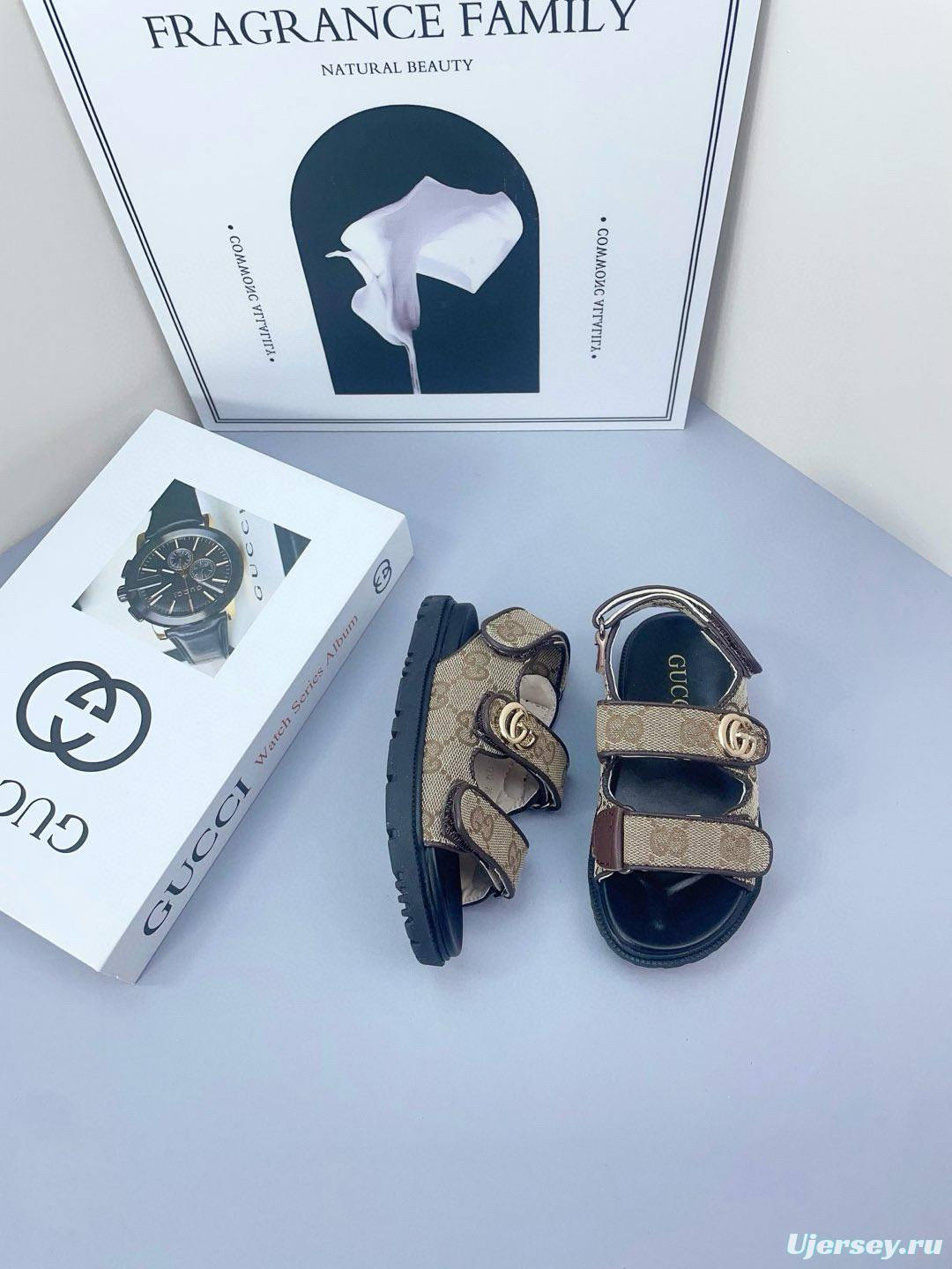 2025 Kids Gucci Black Brown Canvas Leather Sandals