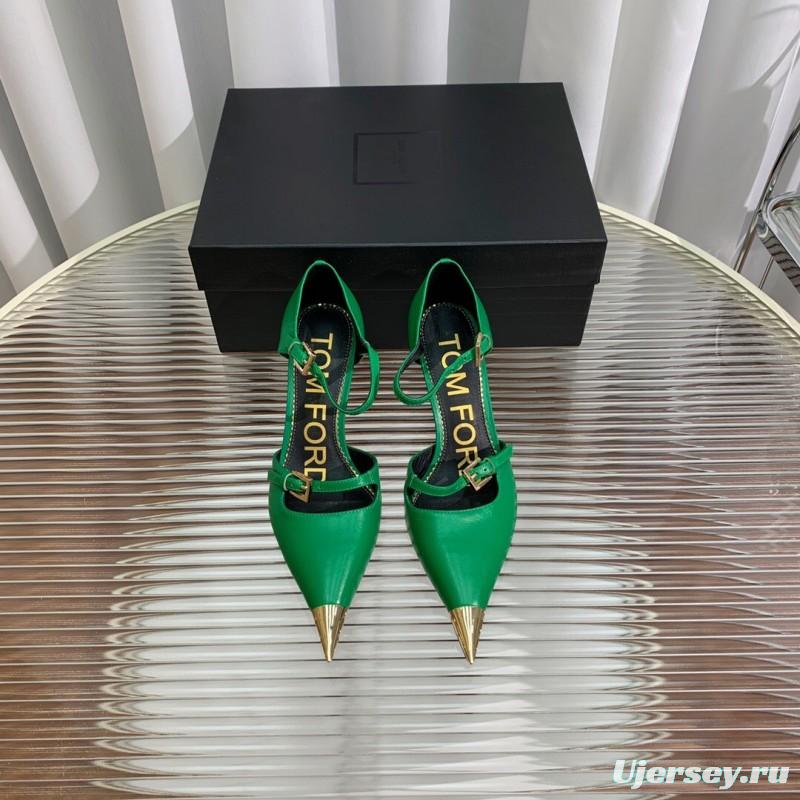 2025 Women TOM FORD Green Gold Leather Pointed Toe Mary Jane KFY00320