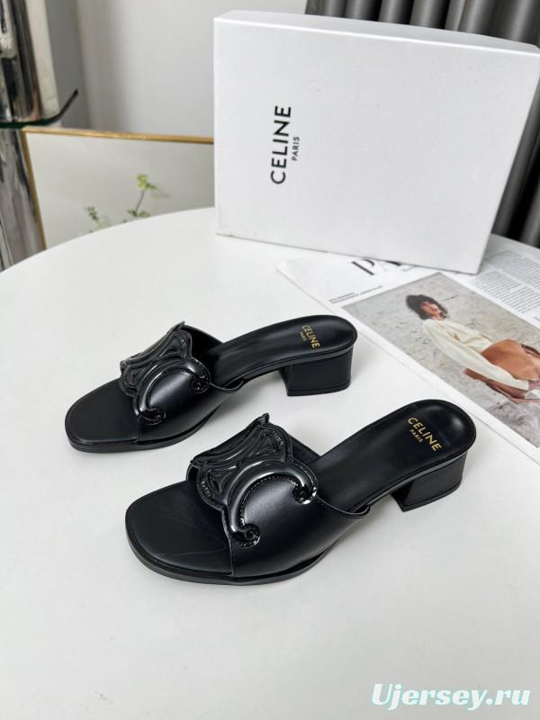 2025 Women Celine Black Leather Sandals