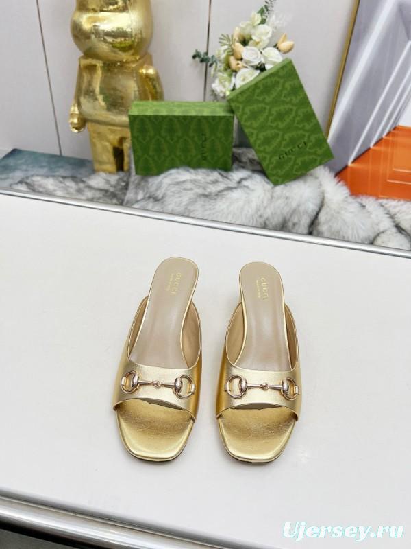 2025 Women Gucci Gold Leather Heeled Slip-On Horsebit MJ00180