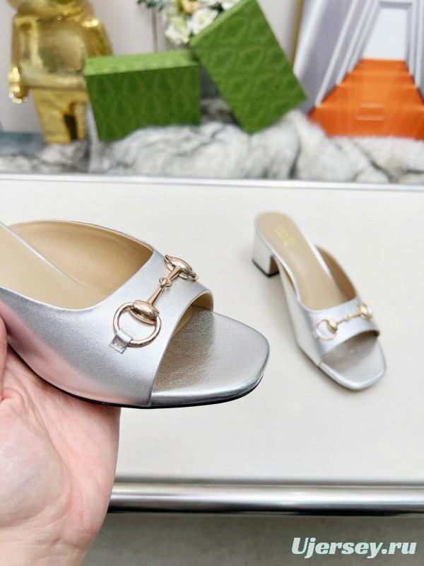 2025 Women Gucci Silver Leather Mules Horsebit MJ00180