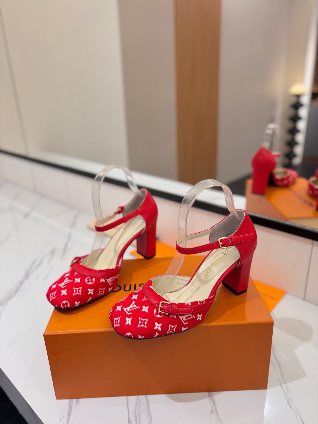 2025 Women Louis Vuitton Red Canvas Leather Heels KFY00310