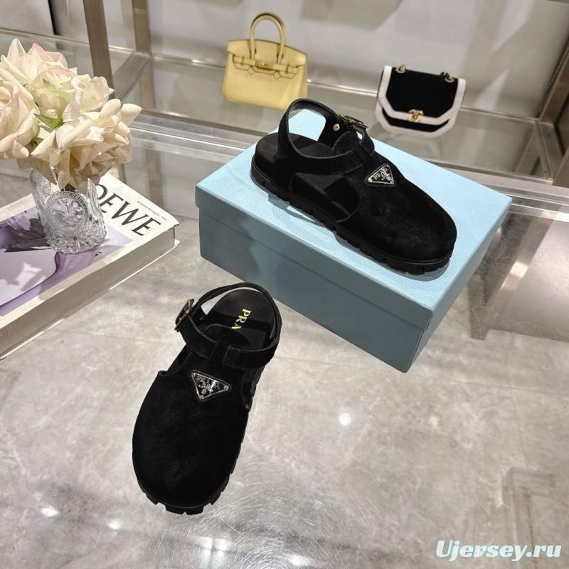 2025 Women Prada Black Suede Sandals LY00270