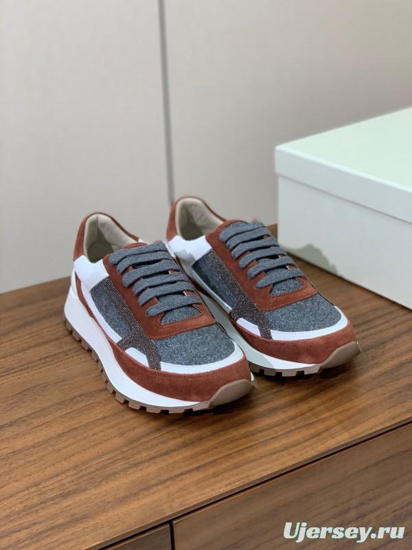 2025 Unisex Brunello Cucinelli Grey Brown White Suede Fabric Sneakers LY
