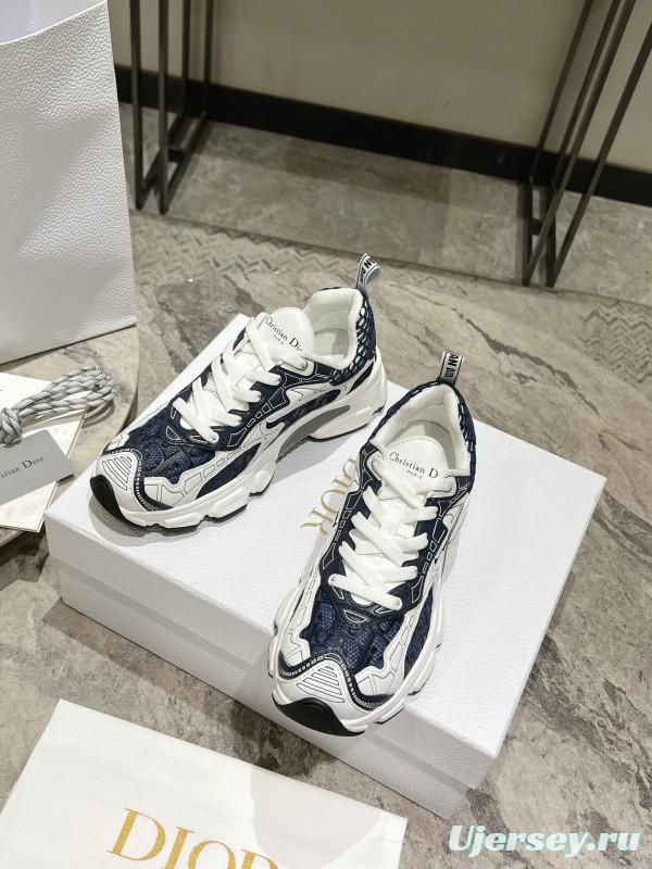 2025 Women Dior Navy White Mesh Leather Sneakers KFY00370