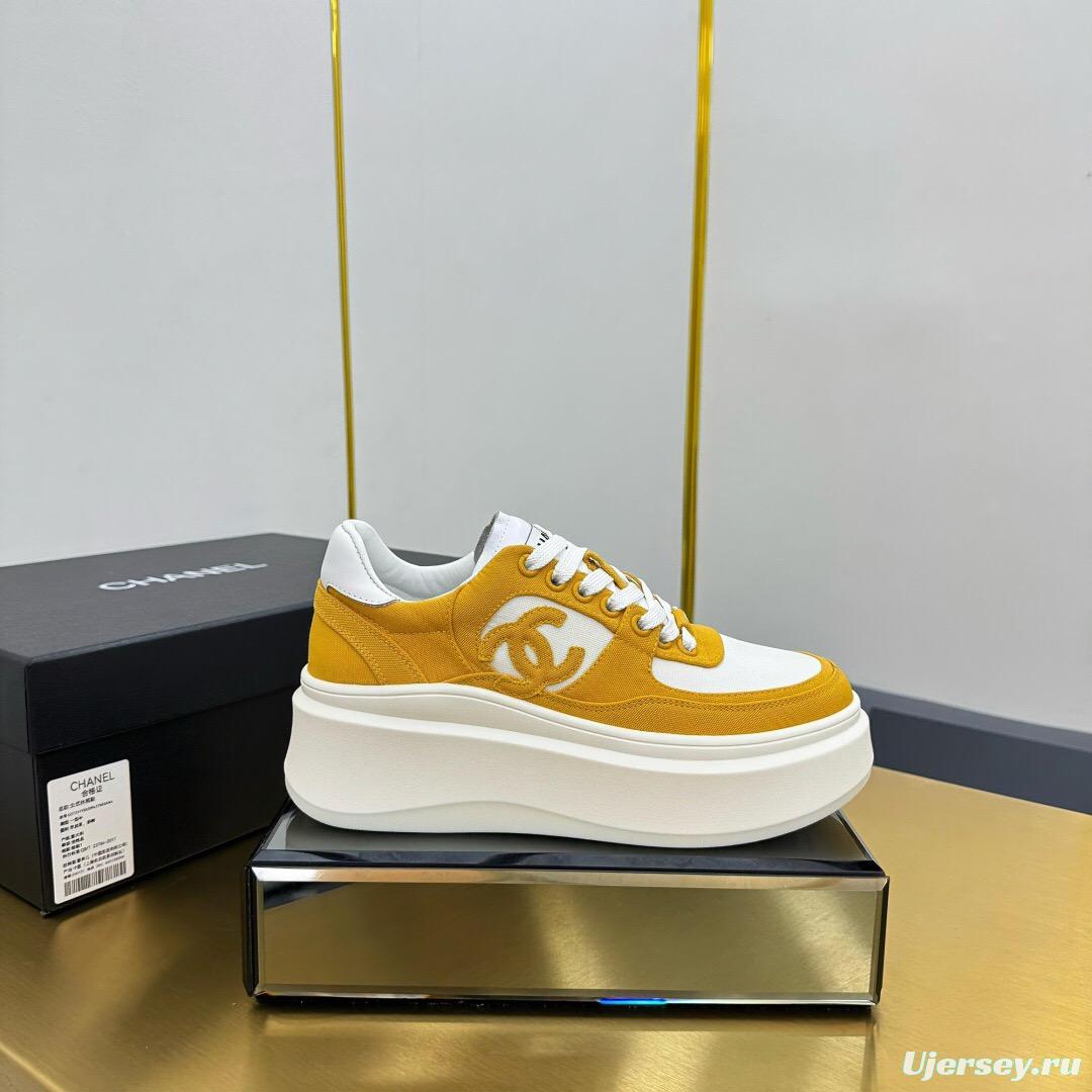 2025 Women Chanel Yellow White Canvas Leather Platform Sneakers