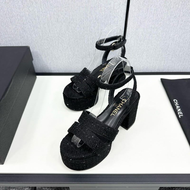 2025 Women Chanel Black Fabric Platform Sandals MJ00310