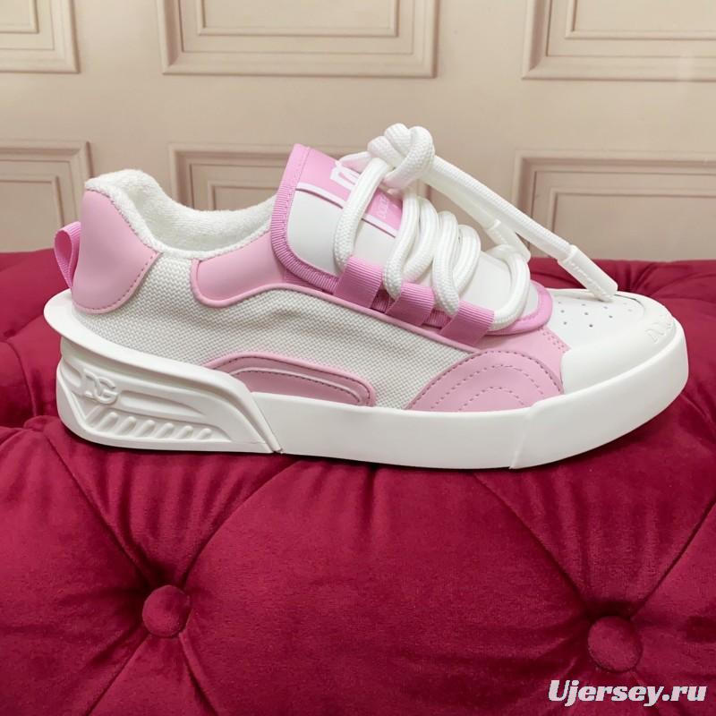 2025 Women Dolce & Gabbana White Pink Leather Mesh Sneakers