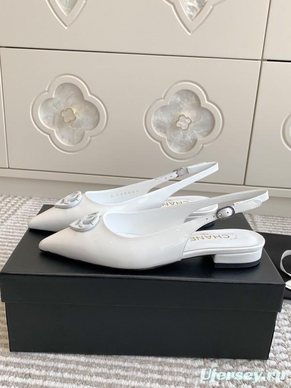 2025 Women Chanel White Leather Slingback Pointed Toe Heart Double C KFY00300