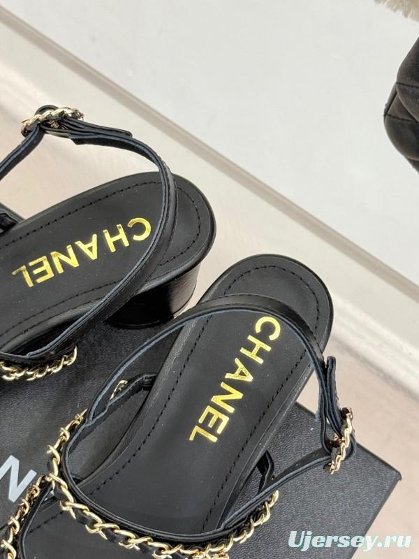 2025 Women Chanel Black Leather Sandals Chain KFY00270
