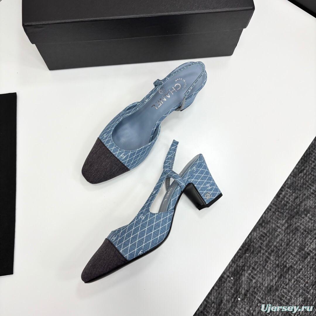 2025 Women Chanel Blue Grey Denim Leather Slingback Shoes
