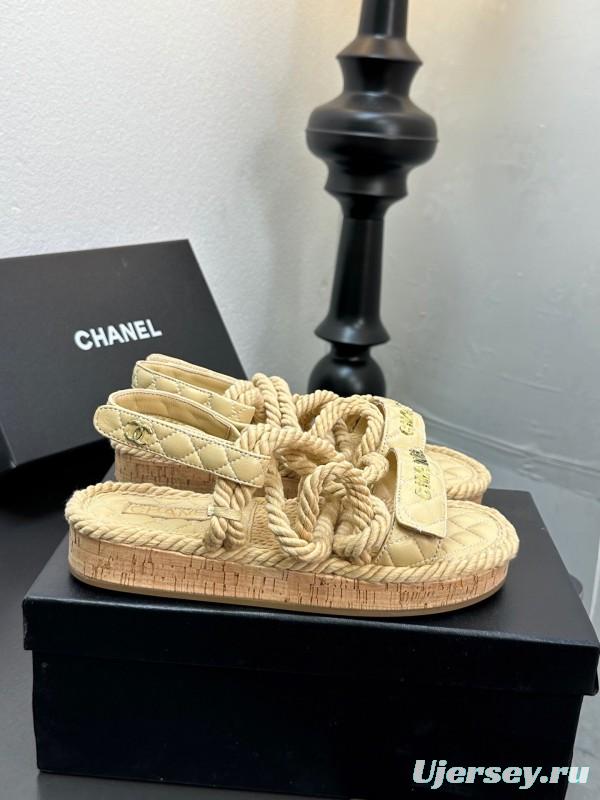 2025 Women Chanel Beige Rope Leather Slingback Sandals