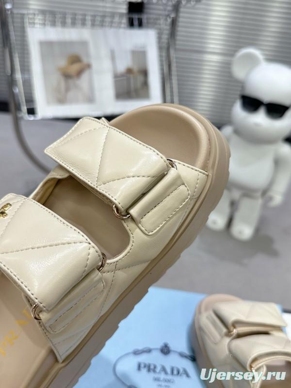 2025 Women Prada Beige Leather Slippers KFY00290