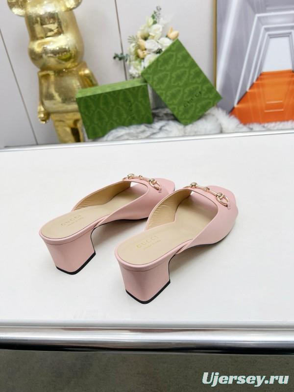 2025 Women Gucci Pink Leather Block Heel Mules MJ00180