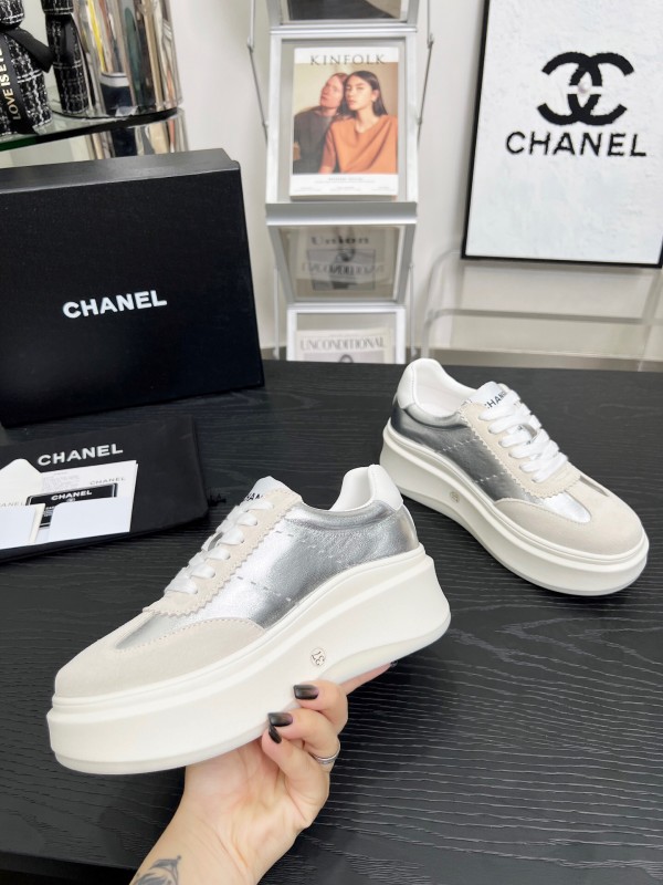 2025 Women Chanel White Silver Leather Suede Sneakers