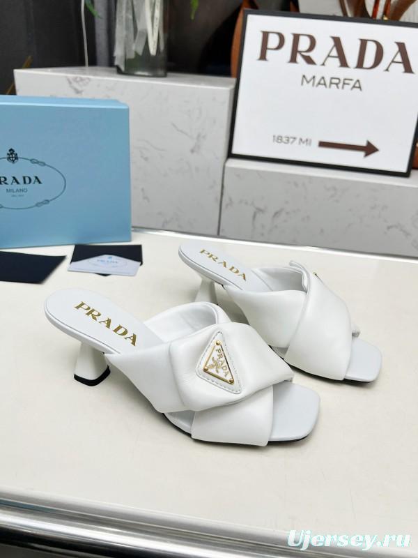 2025 Women Prada White Calf Leather Heeled Slide LY00270