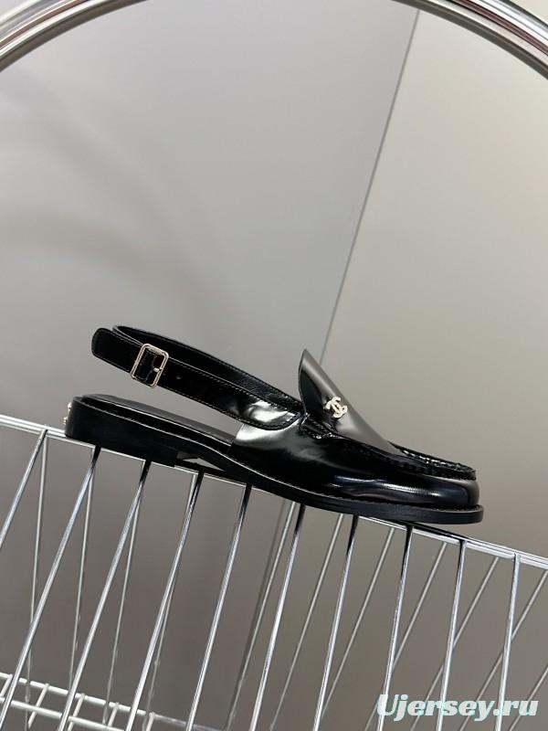 2025 Women Chanel Black Leather Loafers CC Logo KFY00300