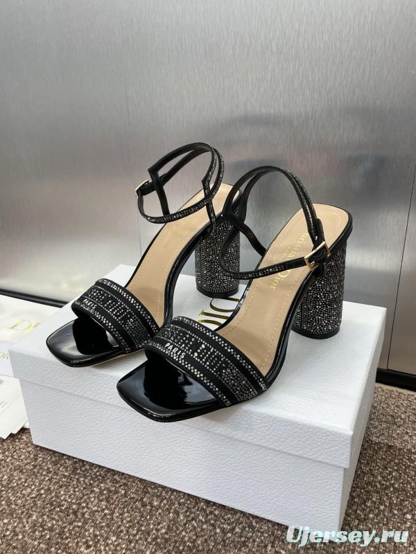 2025 Women Dior Black Patent Leather Crystal High Heel Sandals KFY00320