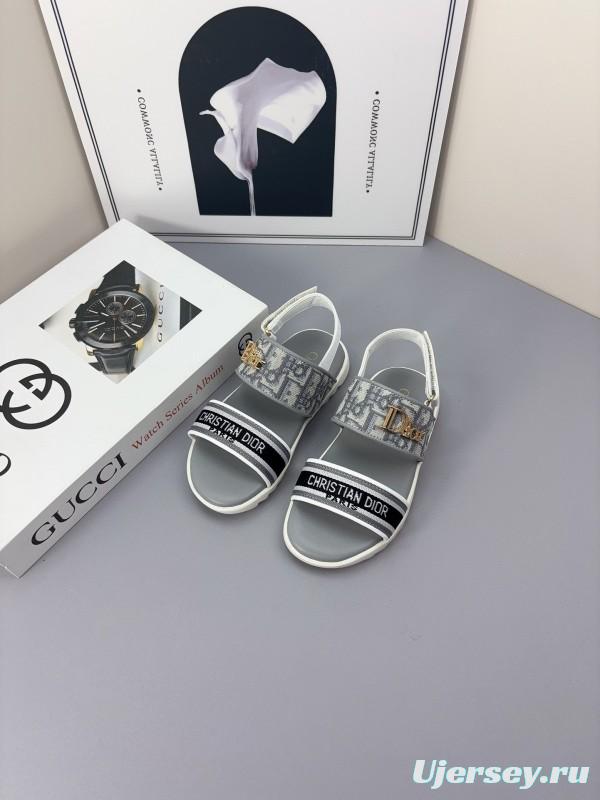 2025 Kids Dior Gray Black Canvas Leather Sandals