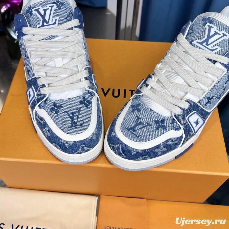 2025 Men Louis Vuitton Blue White Denim Leather LV Trainer