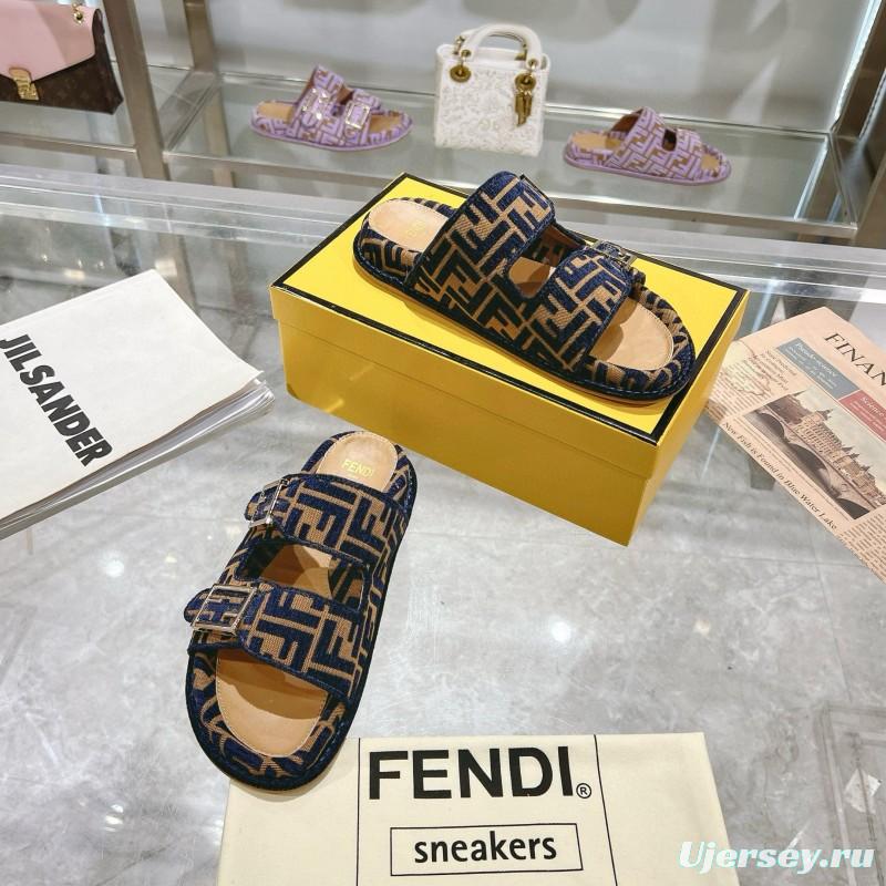 2025 Slippers Fendi Blue Brown Jacquard FF Pattern MJ00230
