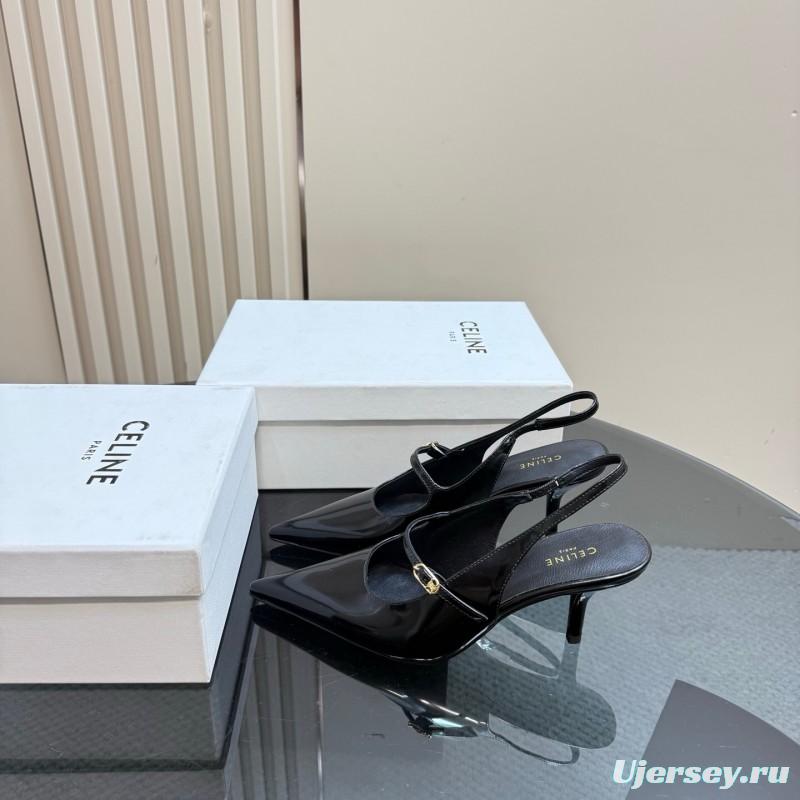 2025 Women Celine Black Patent Leather Slingback Pointed Toe Heels KFY00310