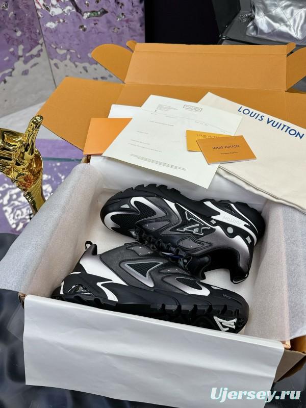 2025 Men Louis Vuitton Black Grey Mesh Leather Sneakers MJ00420