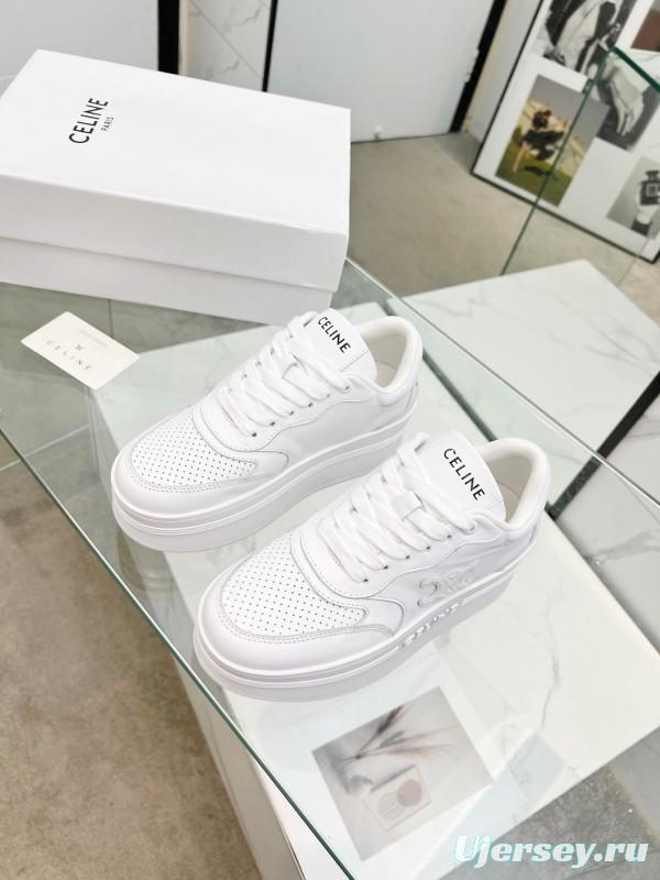 2025 Women Celine White Leather Platform Sneakers Embossed KFY00270