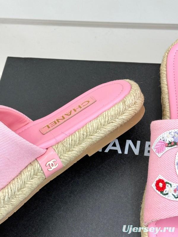 2025 Slippers Chanel Pink Canvas Embroidered KFY00230