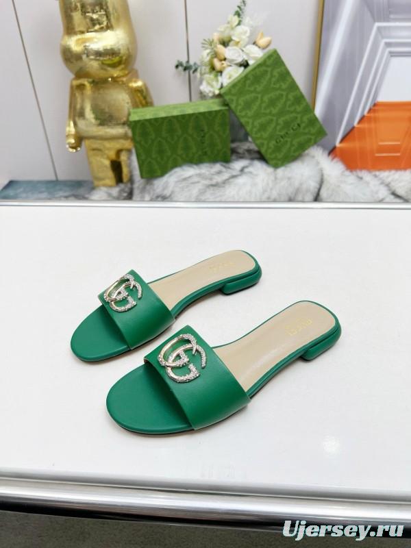 2025 Women Gucci Green Leather Flat Heel Slippers Double G Buckle MJ00190