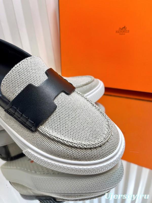 2025 Unisex Hermès Black White Leather Fabric Loafers LY00310(F)/LY00320(M)