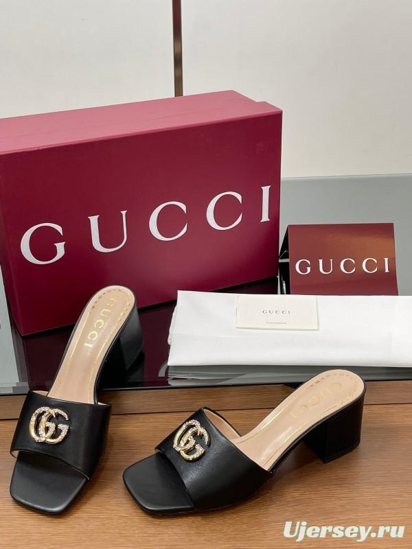 2025 Women Gucci Black Leather Slippers Crystal GG Buckle LY00280