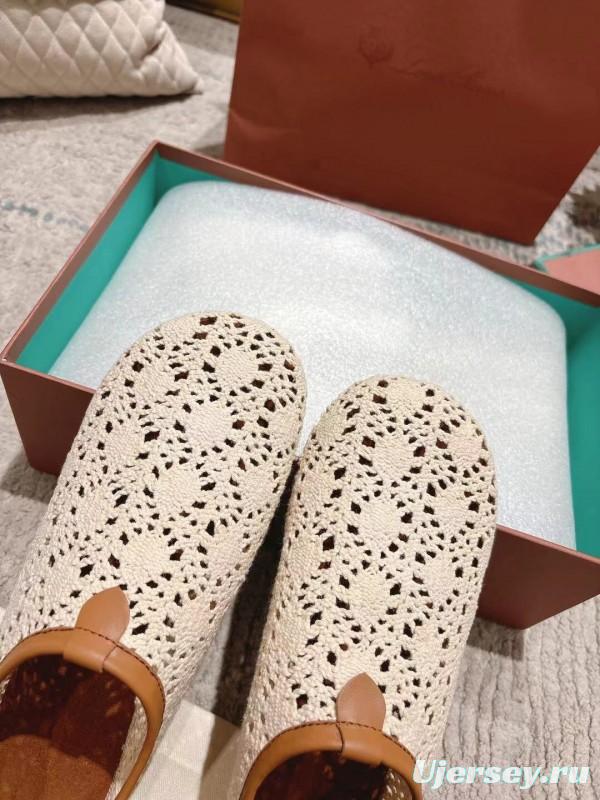 2025 Women LP Beige Brown Leather Crochet Ballet Flats