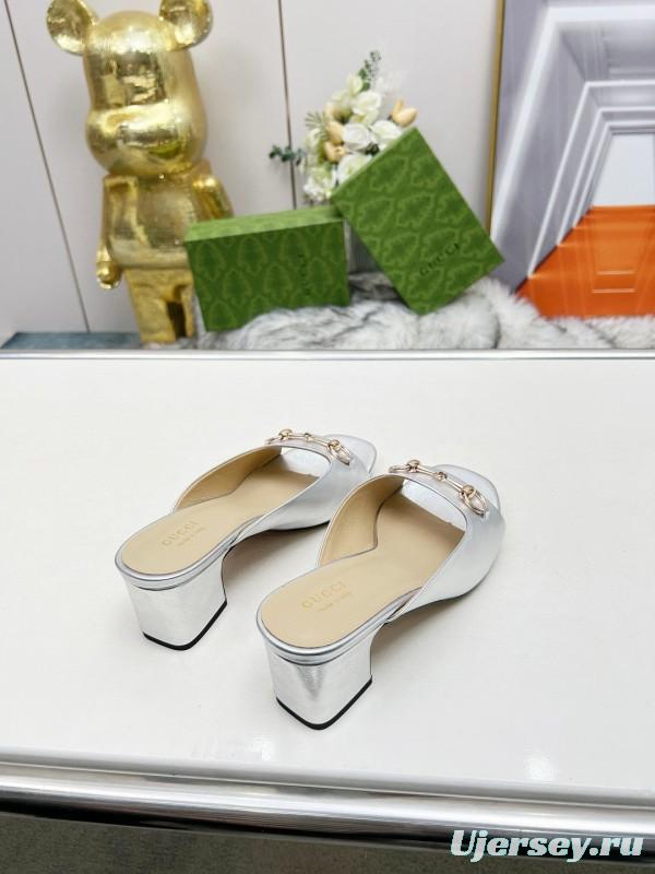 2025 Women Gucci Silver Leather Mules Horsebit MJ00180