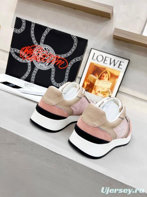 2025 Women VERSACE Pink Beige Suede Leather Sneakers Embroidery LY00320