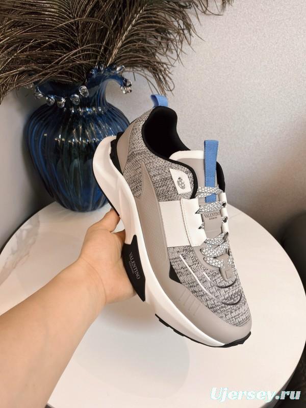 2024 Unisex Valentino White Grey Blue Fabric Leather Sneakers MJ00340