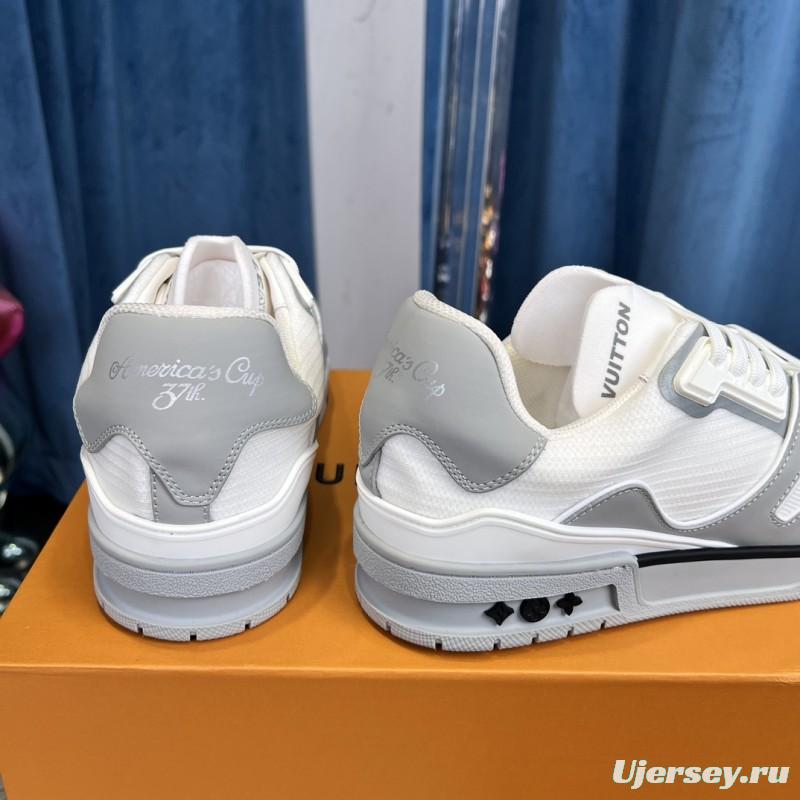 2025 Unisex Louis Vuitton White Grey Leather Mesh LV Trainer