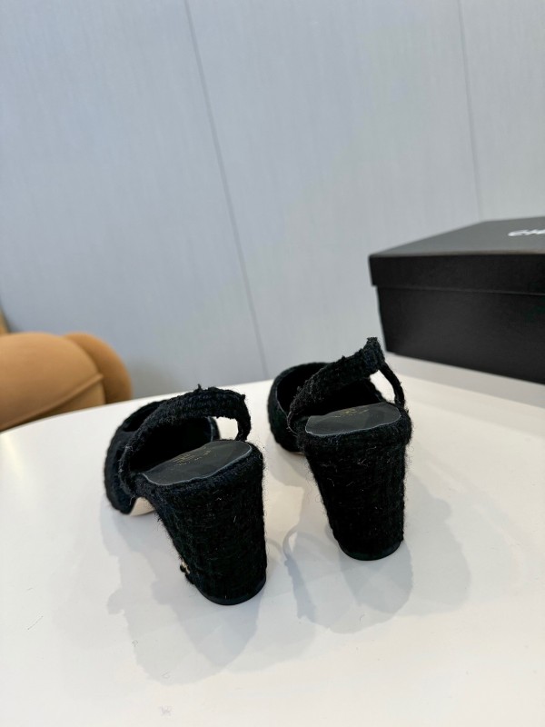 2025 Women Chanel Black Fabric Leather Slingback Heels LY00240