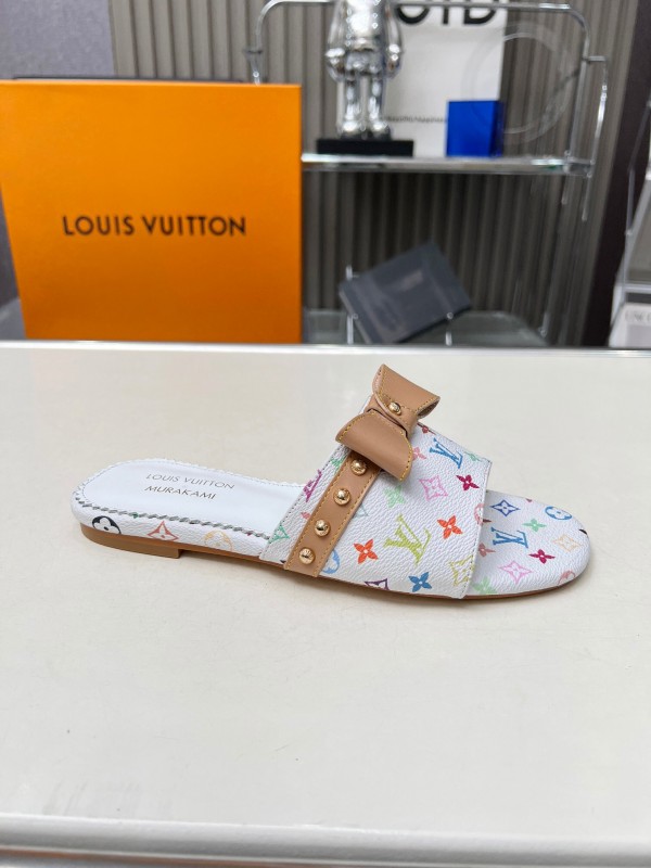 2025 Women Louis Vuitton White Multicolor Leather Slippers Monogram LY00200