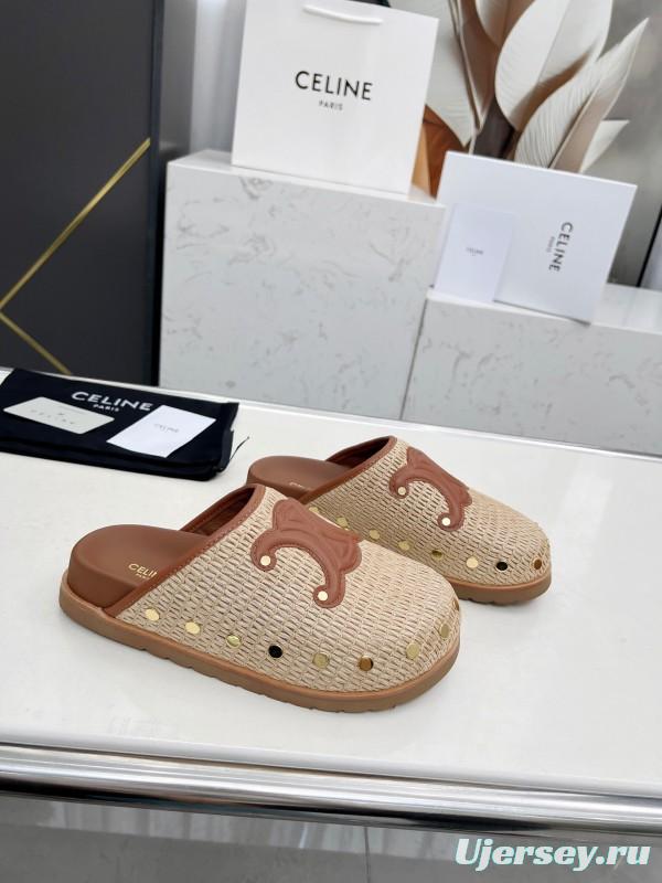 2025 CELINE Beige Leather Raffia Slippers LY00240