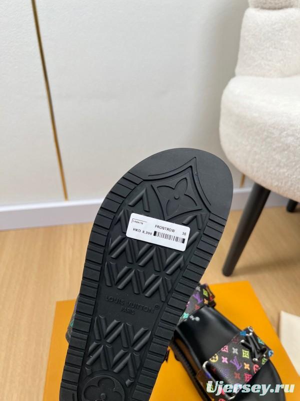 2025 Women Louis Vuitton Black Multicolor Canvas Sandals