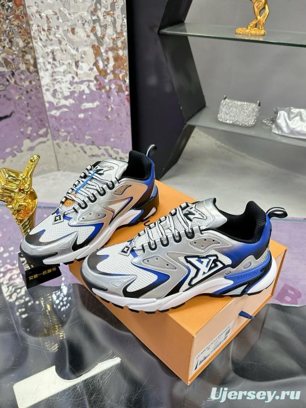 2025 Men Louis Vuitton White Blue Leather Mesh Sneakers MJ00420