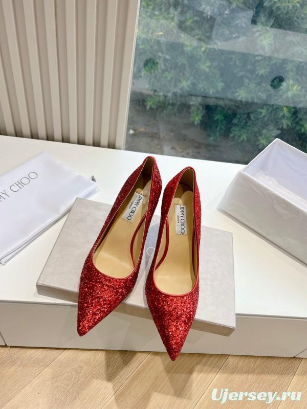2025 Women Jimmy Choo Red Glitter Leather Pumps