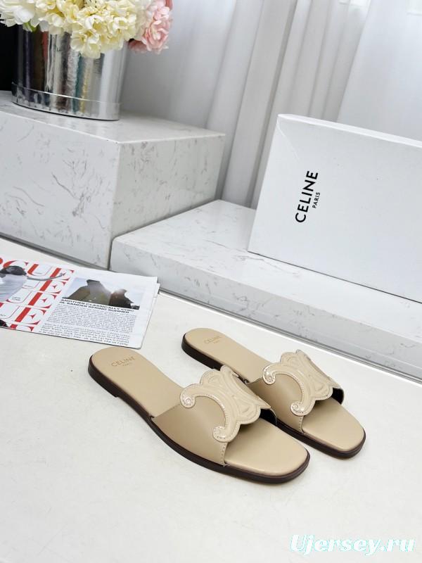 2025 Women Celine Beige Leather Slippers
