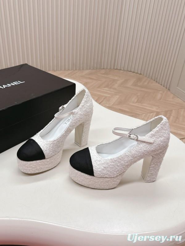 2025 Women Chanel White Black Tweed Platform High Heels